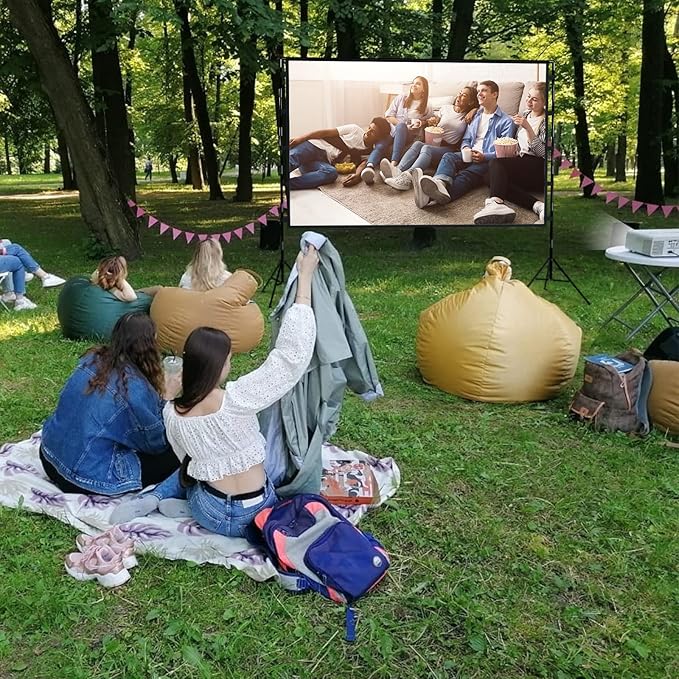100 Inch Outdoor Projector Screen with One-Piece Telescopic Stand, Wrinkle-Resistant 4K HD Movie Screen for Backyard, Camping and Indoor Home Theater (Fits Long Throw Projectors)