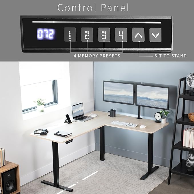 VIVO Corner Standing Desk, 63 x 55 inch Reversible L-Shaped Workstation, Electric Height Adjustment, Home, Office, and Reception Rooms, Light Wood Table Top Black Frame, DESK-E3CTBC