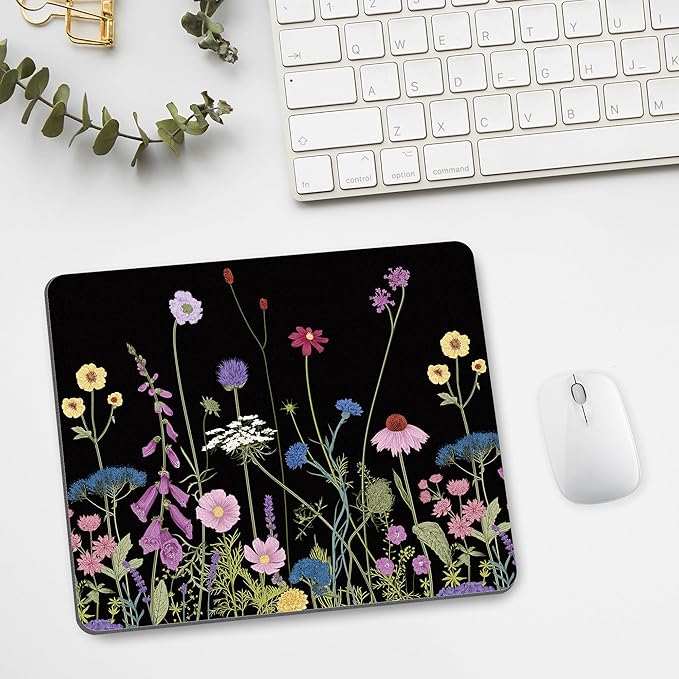 Black Floral Mouse Pad Flower Mousepad Purple Colorful Aesthetic Cute Desk Rectangular Laptop Women Girl Computer Office Small Non-Slip Wireless Mat Washable Decor Accessories Travel Gaming Supplies
