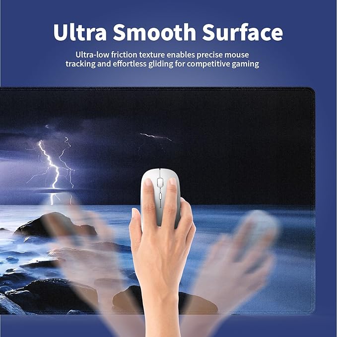 Extra Large Gaming & Office Mouse Pad (31.5" x 11.8") – Nature Lightning Summer Storm Bolts Over Rocks in Ocean Nightmare Theme Weather, Anti-Slip XXL Desk Mat with Durable Stitched Edges