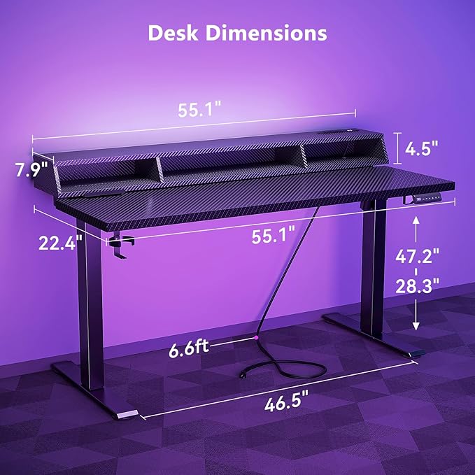 OffiGo Gaming Standing Desk with LED Light, 55 Inch Electric Height Adjustable Table with Power Outlet & Monitor Stand, Sit Stand Computer Workstation for Home, Bedroom, Black