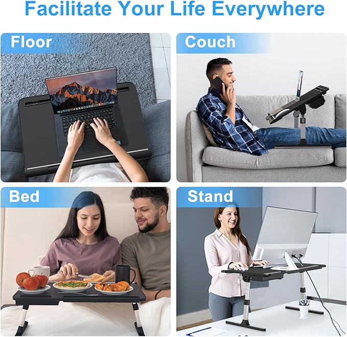 Laptop Stand for Bed, Adjustable Leather Bed Desk with Foldable Legs, X-Large Laptop Bed Table Tray with Drawer for Bed Couch Floor Writing Working Reading Eating Painting (Black, 23.6"×15.7")