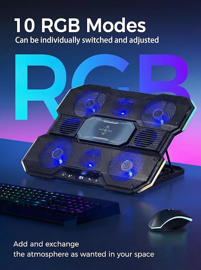 8-Fan Laptop Cooling Pad with Thermoelectric Cooler, 5-Speed Independent Control, 10 RGB Lights, 7-Height Adjustable Metal Panel Laptop Cooler, for 15.6-21 Inch Gaming Laptops