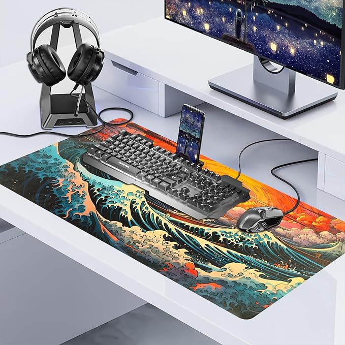 Japanese Sea Wave Desk Pad, Desk Matt for Desktop, Leather Mouse Pad, Waterproof Keyboard Mat, Non-Slip Computer Mat, Keyboard and Mouse Pad for Office Decor (31.5"x15.7")