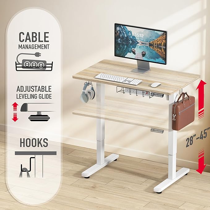 SHW 40 x 22 Inches Electric Height Adjustable Sit to Stand Desk with Hanging Hooks and Cable Management, White Frame and Maple Top