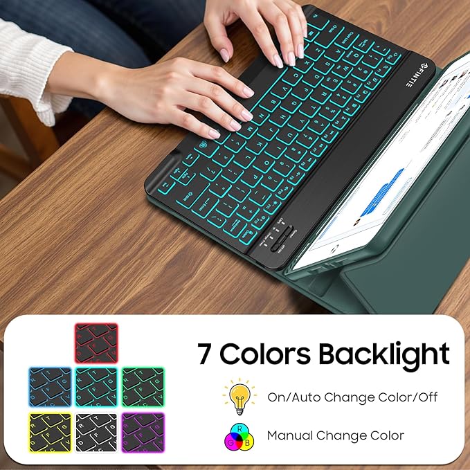 FINTIE Backlit Keyboard Case for iPad 9th / 8th / 7th Generation (2021/2020/2019) 10.2 Inch, Soft TPU Back Cover with 7 Colors Backlight Magnetically Detachable Bluetooth Keyboard, Midnight Green