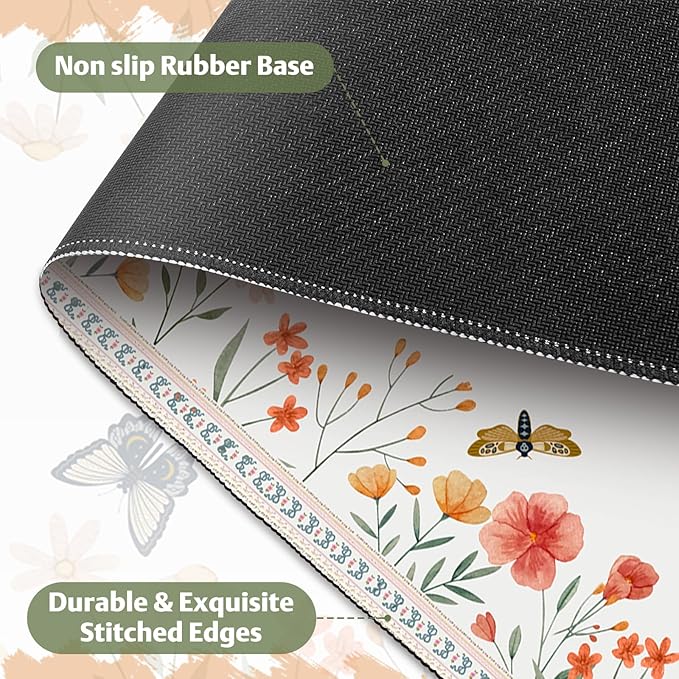 Desk Pad for Keyboard and Mouse, Large Mouse Pad for Desk, Non-Slip Keyboard Mat, Computer Mats for Desk, Cute Desk Pad with Stitched Edges for Office, Gaming I Apricot Butterflies Flowers