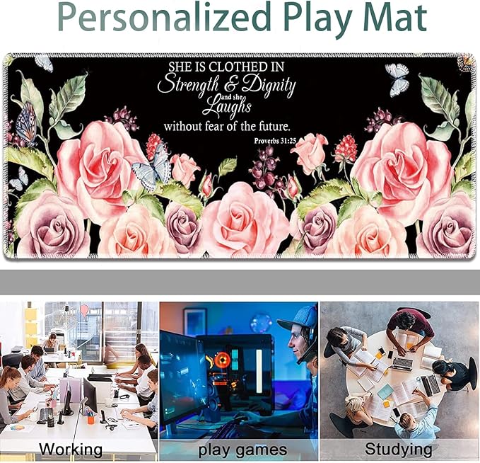 Large Gaming Mouse Pad + Keyboard Wrist Rest + Wrist Support + Coaster Set, Memory Foam Ergonomic for Easy Typing, XXL Extended Gaming Mouse Pad Table Pad - Proverbs 31:25 Flower