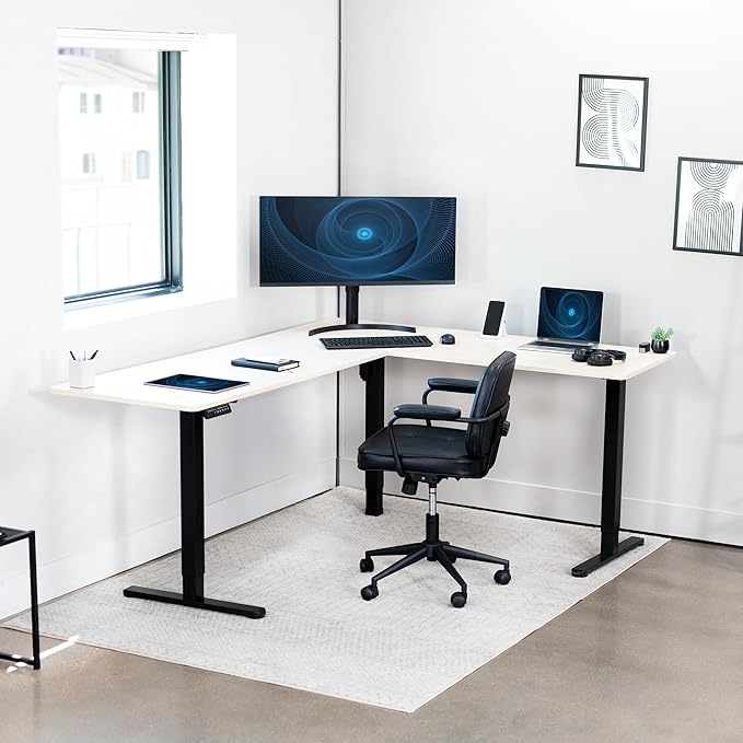 VIVO Corner Standing Desk, 75 x 63 inch Reversible L-Shaped Workstation, Electric Height Adjustment, Home, Office, and Reception Rooms, Light Wood Table Top Black Frame, DESK-E3CTBC-75