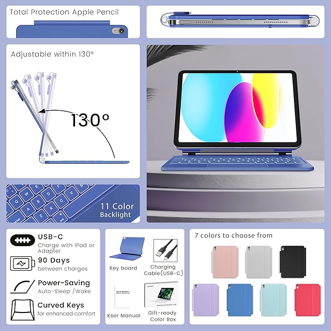 for iPad 11th(A16, 2025)/10th Generation Case with Keyboard, Magic Keyboard 2022, Springy Backlit Keys, Stain-Resistant Surface, Multi-Touch Trackpad, Blue