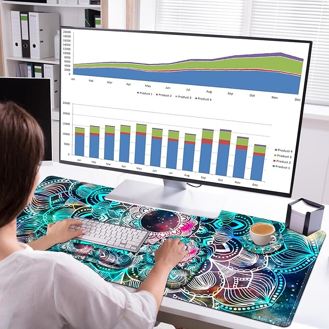 Large Mouse Pad with Wrist Support 4 in1 Set, XXL Big Game Mousepad + Keyboard Wrist Rest+Mouse Wrist Rest+Coaster Ergonomic Gaming Mat for Home Office Table Computer I Nice Green Mandala