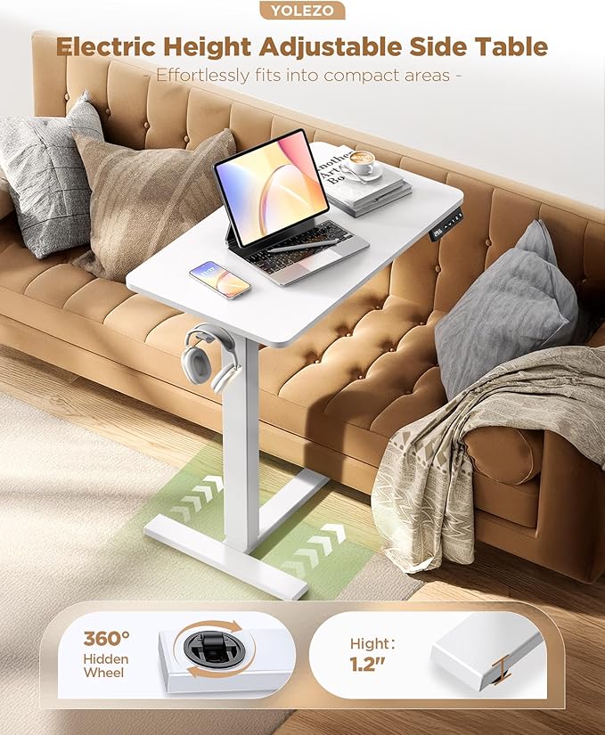 Overbed Bedside Table with Wheels, Electric Standing Desk Adjustable Height, Small Computer Desk for Home Office, Rolling Laptop Desk for Bed, Sofa, or Hospital Use (28"x16",White)