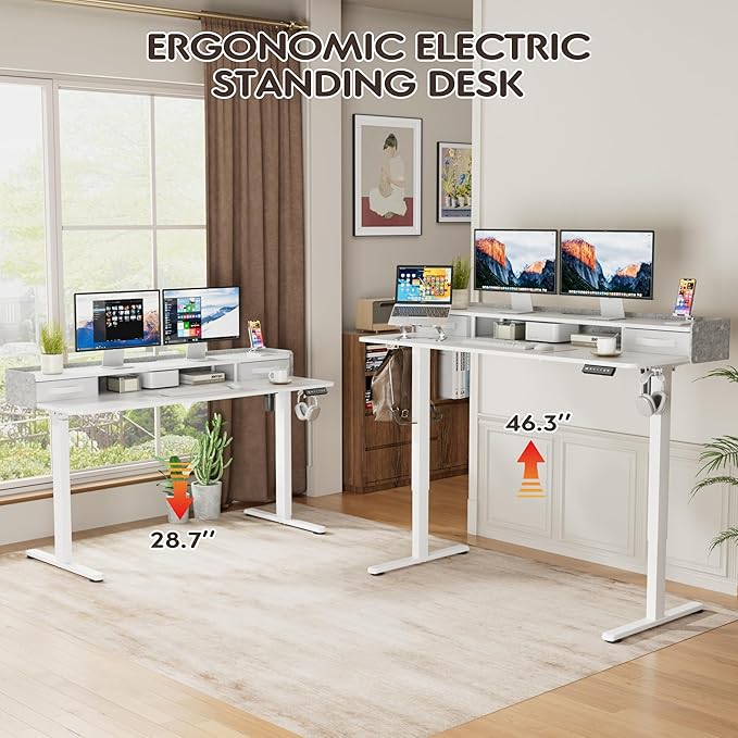 Furmax Electric Standing Desk with Drawers, Stand Up Desk with Storage Shelf Height Adjustable Computer Desk with Organizer for Home Office Ergonomic(White, 55 Inch)