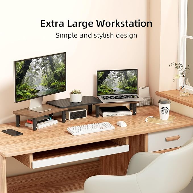 Dual Monitor Stand For Desk,Adjustable Height Long Wood Computer Riser For Computer,Laptop,Printer,TV,Walnut