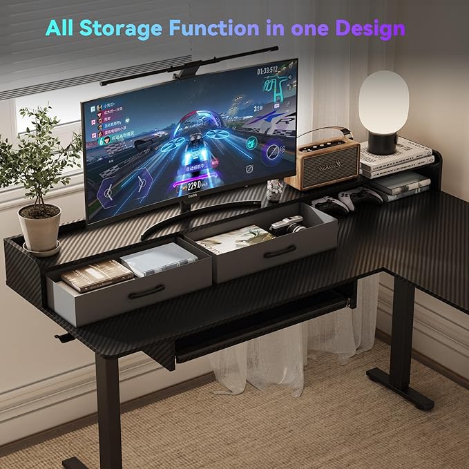 63 Inches Height Adjustable L Shaped Standing Desk with 2 Drawers and Keyboard Tray, Electric Sit to Stand Home Office Comupter Table, Ergonomic Corner Gaming Desk, Black
