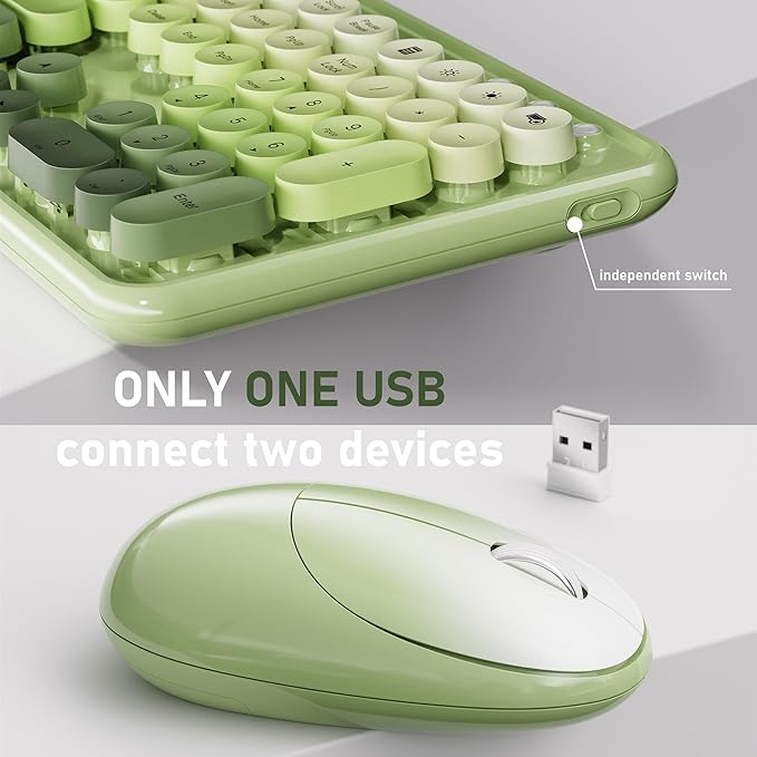 UBOTIE Wireless Keyboard and Mouse Combo with Phone Holder and Wrist Rest, Round Colorful Keys, Power Switches, 2.4GHz USB Receiver, Full-Size QWERTY Layout for PC Laptop（Green