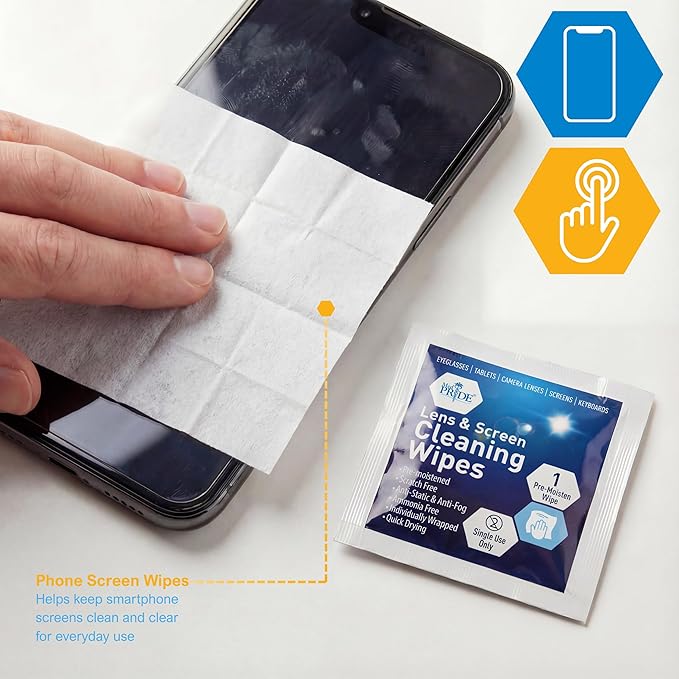 MED PRIDE Lens and Screen Cleaning Wipes for Eyeglasses, Touch Screens, Cameras, Anti-Fog, Scratch-, Anti-Static (100 100 Count (Pack of 1))