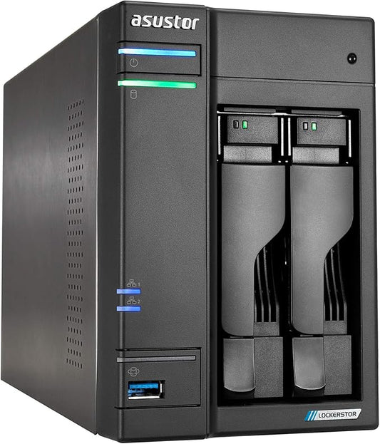 Asustor Lockerstor 2 Gen2 AS6702T - 2 Bay NAS, Quad-Core 2.0 GHz CPU, 4x M.2 NVMe slots (PCIe 3.0), Dual 2.5GbE, 4GB DDR4 RAM, Network Attached Storage (Diskless)