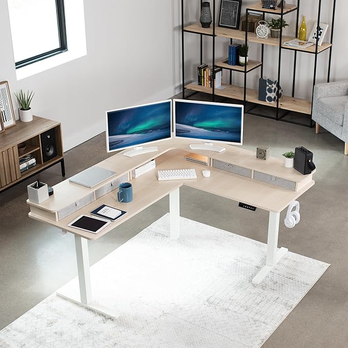 VIVO Electric 2-Tier Corner L-Shaped 63 x 55 inch Standing Desk, Height Adjustable, Memory Controller, Light Wood Top White Frame, Light Gray Drawers, DESK-E3CVC