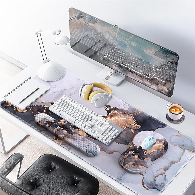 Desk Pad Mat, Large Mouse Pad with Wrist Rest, Ergonomic Keyboard Wrist Support, XXL Carpal Tunnel Mousepad Set with Coaster, Computer Keyboard Matt for Laptop Desktop, White Gray Marble