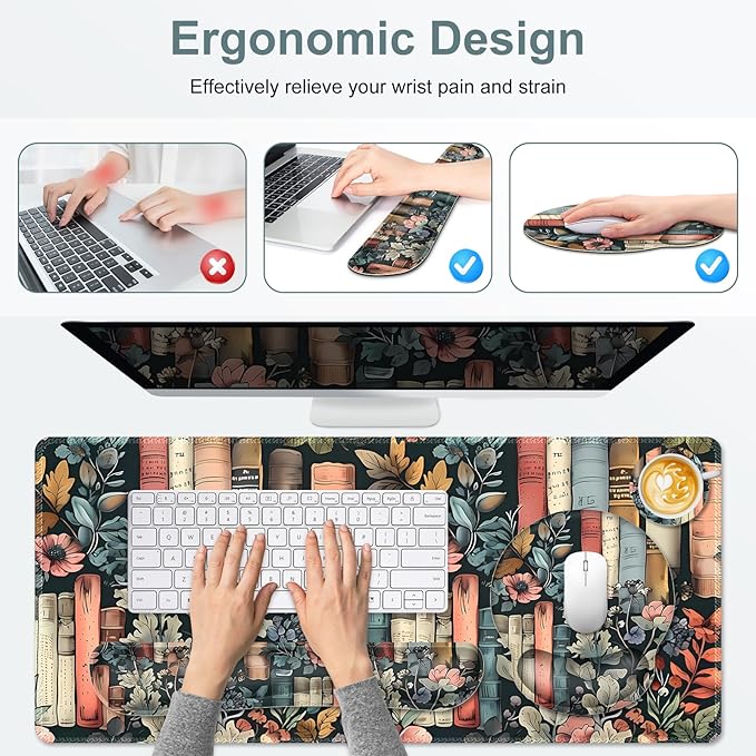 Nature Aesthetic Florals Books Mouse Pad, XXL Large Desk Mat Extended Reading Desk pad, 4PCS Non-Slip Rubber Base Computer Big Mousepads for Work, Game, Office, Home Decor Accessories I Bookworm Gift