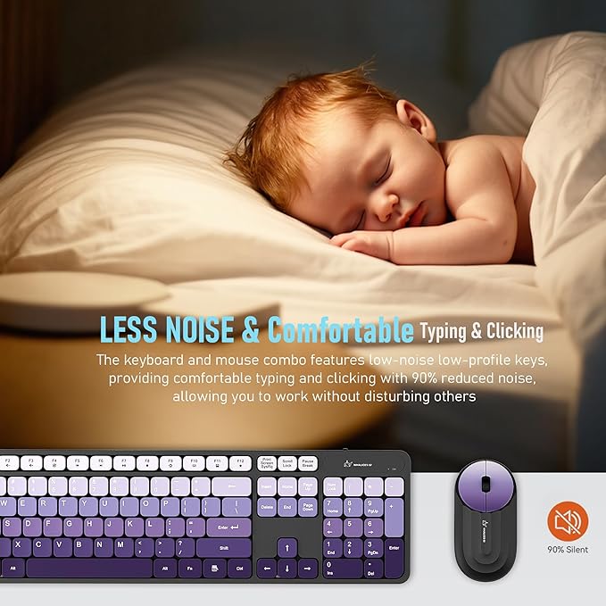 Wireless Keyboard and Mouse Combo - 2.4G Wireless, Rechargeable, Low-Noise, Cute Colorful, Full-Sized, 3 DPI Adjustable Mouse, for Computer, Laptop, PC, Desktop(Black-Purple)