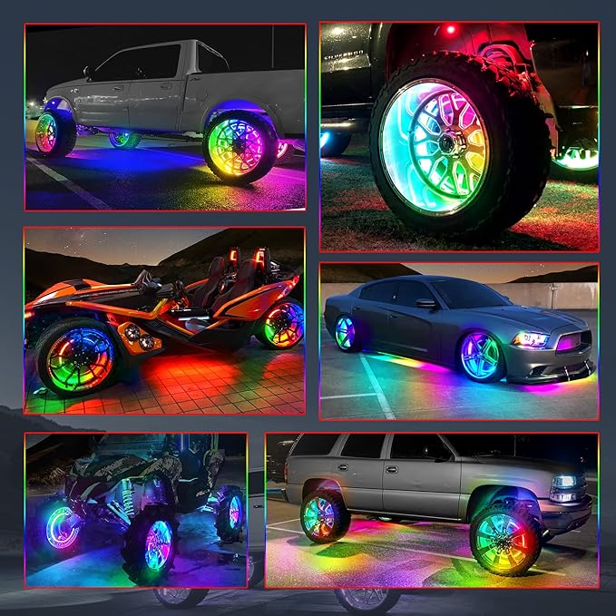 MICTUNING 17inch V1 RGB+IC Chasing Color Wheel Ring Lights Kit with APP Control, Double-Row Dream Color Chasing Flow Neon Wheel Rim Lights with Turn Signal and Braking for Pickup Truck Car SUV