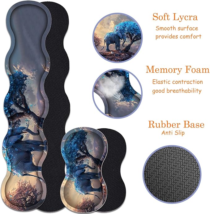 Large Gaming Mouse Pad + Keyboard Wrist Rest + Wrist Support + Coaster Set, Memory Foam Ergonomic for Easy Typing, XXL Extended Gaming Mouse Pad Table Pad - Blue Leaves and Elephants