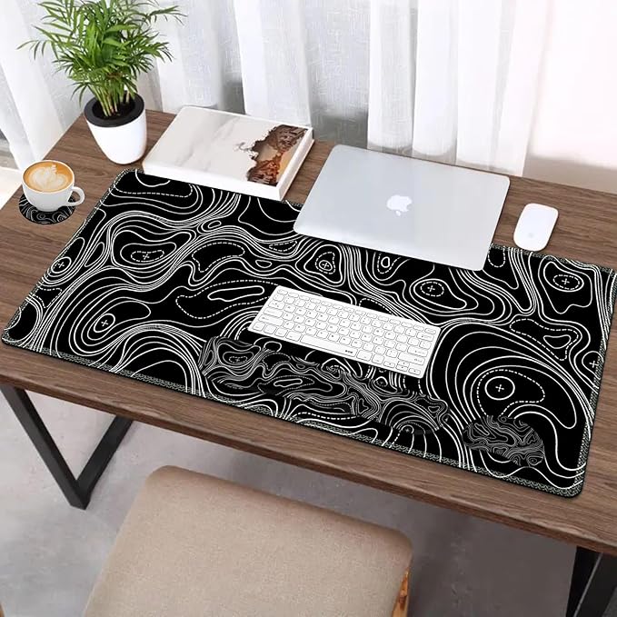 AIMSA Keyboard Mouse Pad Set, Large Gaming Mouse Pad +Wrist Rest Mouse Pad +Keyboard Wrist Support +Coaster, 35x15.7 inch Extended Desk Mat for Easy Typing Pain Relief (Black Topographic)