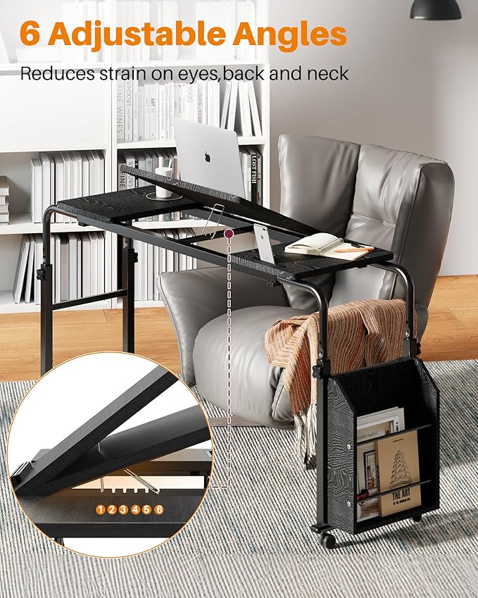 Laptop Desk for Bed,6-Angle Adjustable Overbed Table with Wheels,Adjustable Height and Length Bed Table for Laptop with Side Bookshelf,Standing Desk,Over Bed Desk for Working Hospital Home (Black)