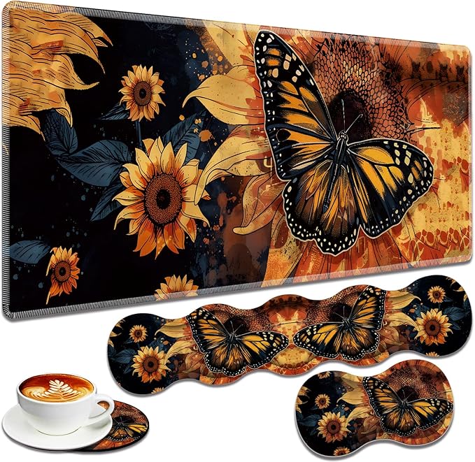 Large Gaming Mouse Pad + Keyboard Wrist Rest + Wrist Support + Coaster Set, Memory Foam Ergonomic for Easy Typing, XXL Extended Gaming Mouse Pad Table Pad - Sunflower and Butterfly