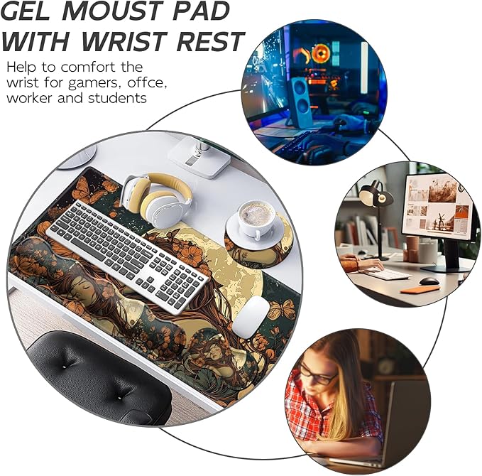 Gaming Mouse Pad Set, Moonlight Girl Large Desk Mat Mousepad, Keyboard Wrist Support, Mouse Wrist Rest, Coaster 4in1 Ergonomic Memory Foam, Non-Slip Stitched Edge for Home Office