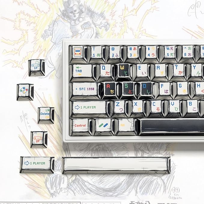 Retro Anime PBT Keycaps-Cherry Keycaps, Custom Keyboard Key caps 60 65 75 100 Percent, 5 Side Dye Sublimation 141 Keys Set for Cherry Gateron MX Switches Keyboards, White (Classic Game Theme)