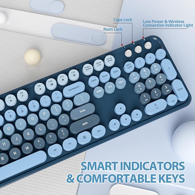 Blue Keyboard and Mouse Combo Wireless, 2.4G Full Size 104-Key Retro Typewriter Keyboards Round Keys for Students Teenagers Home Office PC Laptop(Ocean Blue)