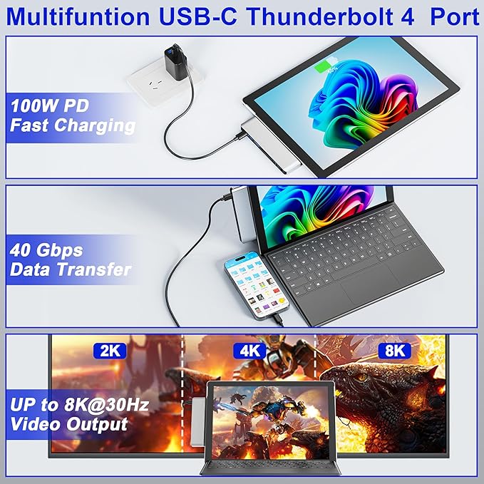 Surface Pro 11/10/9/X USB C Hub, Surface Pro 9 Hub Docking Station with 4K HDMI, Thunerbolt 4 (8K Video+Data+100W PD), 2*USB 3.0, 3.5mm Audio, SD/TF, USB C Adapter for Surface Pro 11 Copilot/10/9/X