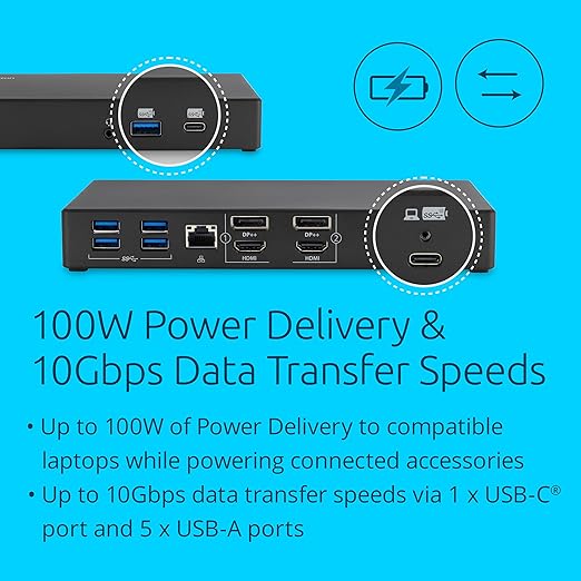 Kensington SD4781P USB-C & USB-A DisplayLink Docking Station, Dual 4K Display, 2xHDMI, 2xDisplayPort, with 100W Power Delivery, for Mac M1/M2/M3/M4, Windows and Chrome (K33603NA)