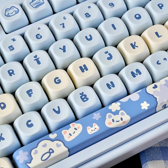 PBT Keycaps - Cute Keycaps Blue White 60 65 75 100 Percent, Kawaii Anime Cat Key caps Custom 130 Keys, MOA Profile for 61/68/84/87/98/100 Cherry Gateron MX Mechanical