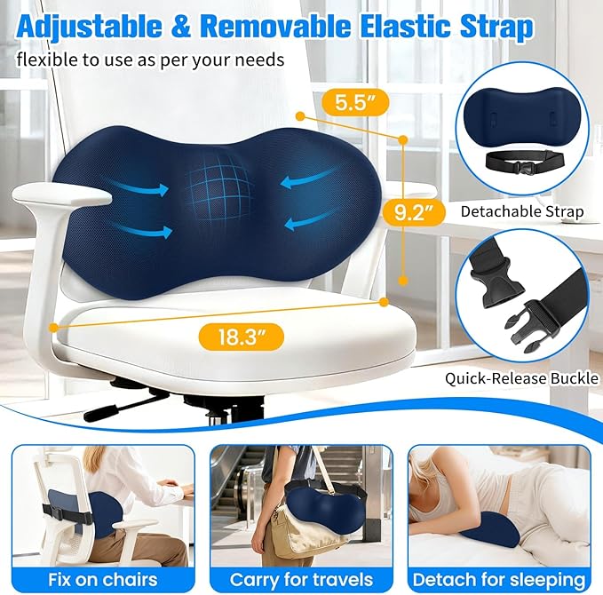 Lumbar Support Pillow for Office Chair - Memory Foam Lumbar Pillow with Detachable Strap & Breathable Cover, Ergonomic Back Support for Office Chair, Car Seat Cushion, Bed Rest (Blue)