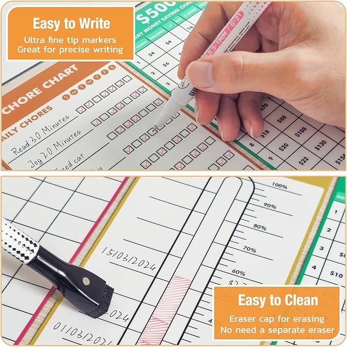 HOMiDEK Magnetic Whiteboard for Fridge - Reusable Dry Erase Chore Chart, Fundraising Thermometer Goal Tracker, Bill Payment Tracker, Money Saving Challenge and Memo Pad, 4 Markers - 5 Sheets, 4" x 10"