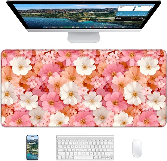 XL Gaming Mouse Pad, 31.5x15.7'' Large Desk Mat with Anti-Slip Rubber Base & Stitched Edges for Gaming, Office, Home, Floral