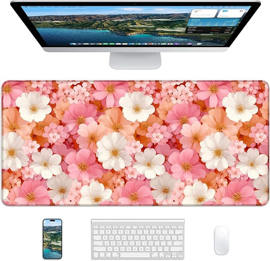 XL Gaming Mouse Pad, 31.5x15.7'' Large Desk Mat with Anti-Slip Rubber Base & Stitched Edges for Gaming, Office, Home, Floral