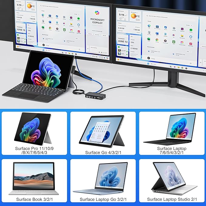 Surface Docking Station, 11-in-1 Dual Monitor 4K@60Hz HDMI +VGA Surface Dock, for Surface Pro 11/10/9/8/X/7/6/5/4, Surface Laptop, Book, Go | 72W Charging, Ethernet, 5Gbps USB