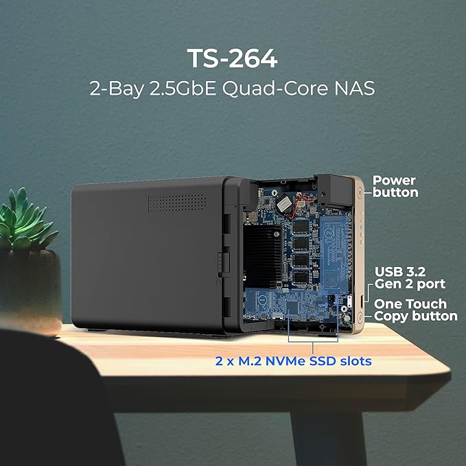 QNAP TS-264-8G-28WD-US 2 Bay High-Performance Desktop NAS with 8TB Storage Capacity, Preconfigured RAID1 WD Red Plus HDD Bundle