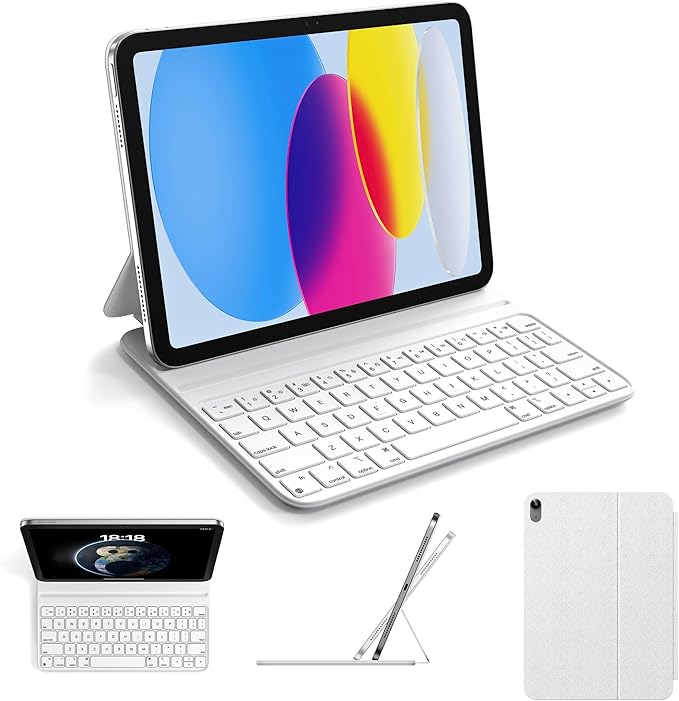 HOU Slim Bluetooth Keyboard Case for 2025 11th-Gen iPad (A16) & 2022 10th-Gen iPad, Smart Folio, Magnetic Stand with 2 Ergonomic Tilt Angles, Recyclable Synthetic Leather, Long-Life Battery, White