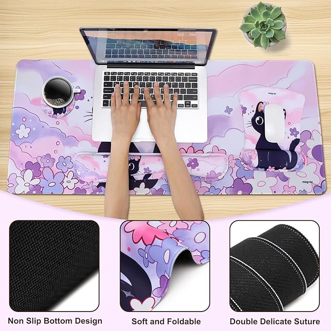MEGREZ 4-in-1 Ergonomic Memory Foam Wrist Rest Set, Desk Pad, Mouse Pad with Wrist Rest, Keyboard Pad, Suitable for Office Workers, Programmers & Gamers–Relieve Typing & Gaming Fatigue, Kitten