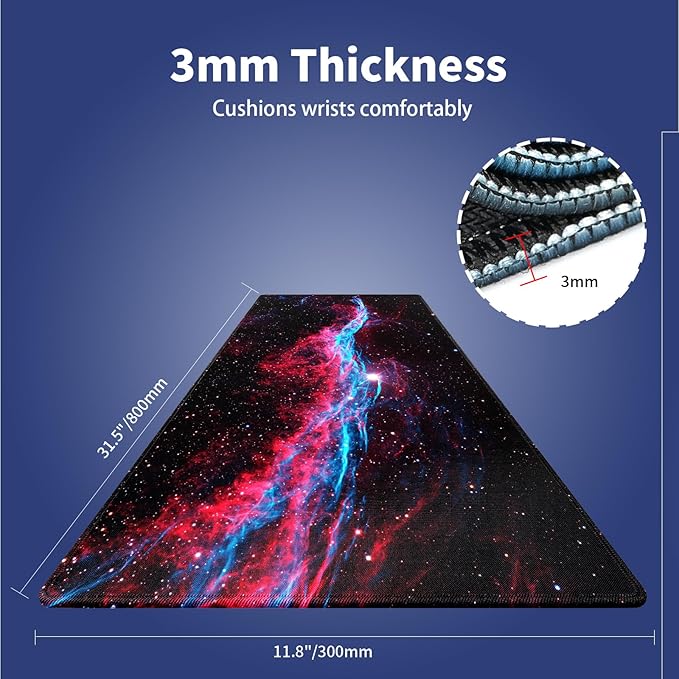 Wknoon. Extra Large Gaming Mouse Pad (31.5" x 11.8") with Durable Stitched Edges – Galaxy Glitter Primordial Nebula Space Cygnus Loop Dynamic Dance of Blue & Red, Anti-Slip Base Extended XXL Desk Mat