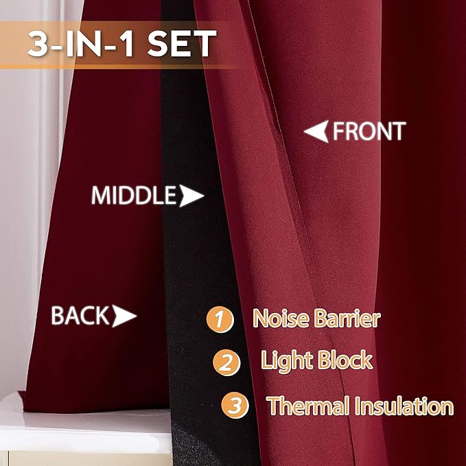RYB HOME Soundproof Curtains Blackout Energy Saving Grommet Curtains Window Treatment Panels for Bedroom Studio Doorway Wall Panels, W 52 x L 84 inches, Burgundy Red, 2 Pcs