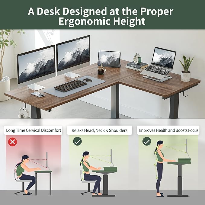 FEZIBO Triple Motor L-Shaped Electric Standing Desk, 63 Inches Height Adjustable Stand up Corner Desk, Sit Stand Workstation with Splice Board, Black Frame/Black Walnut Top