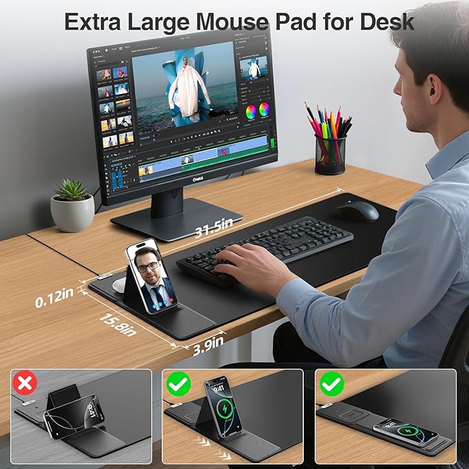 Wireless Charging Mouse Pad with Foldable Phone Holder, 31.5"x15.8" Extended Desk Mat for Laptop/Keyboard, Waterproof Ultra-Smooth Surface, Non-Slip Base & 20W PD Adapter, Black