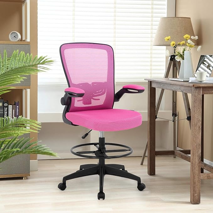 BestOffice Drafting Chair Tall Office Chair Adjustable Height with Lumbar Support Arms Footrest Mid Back Standing Desk Chair with Swivel Rolling Mesh Stool Pink
